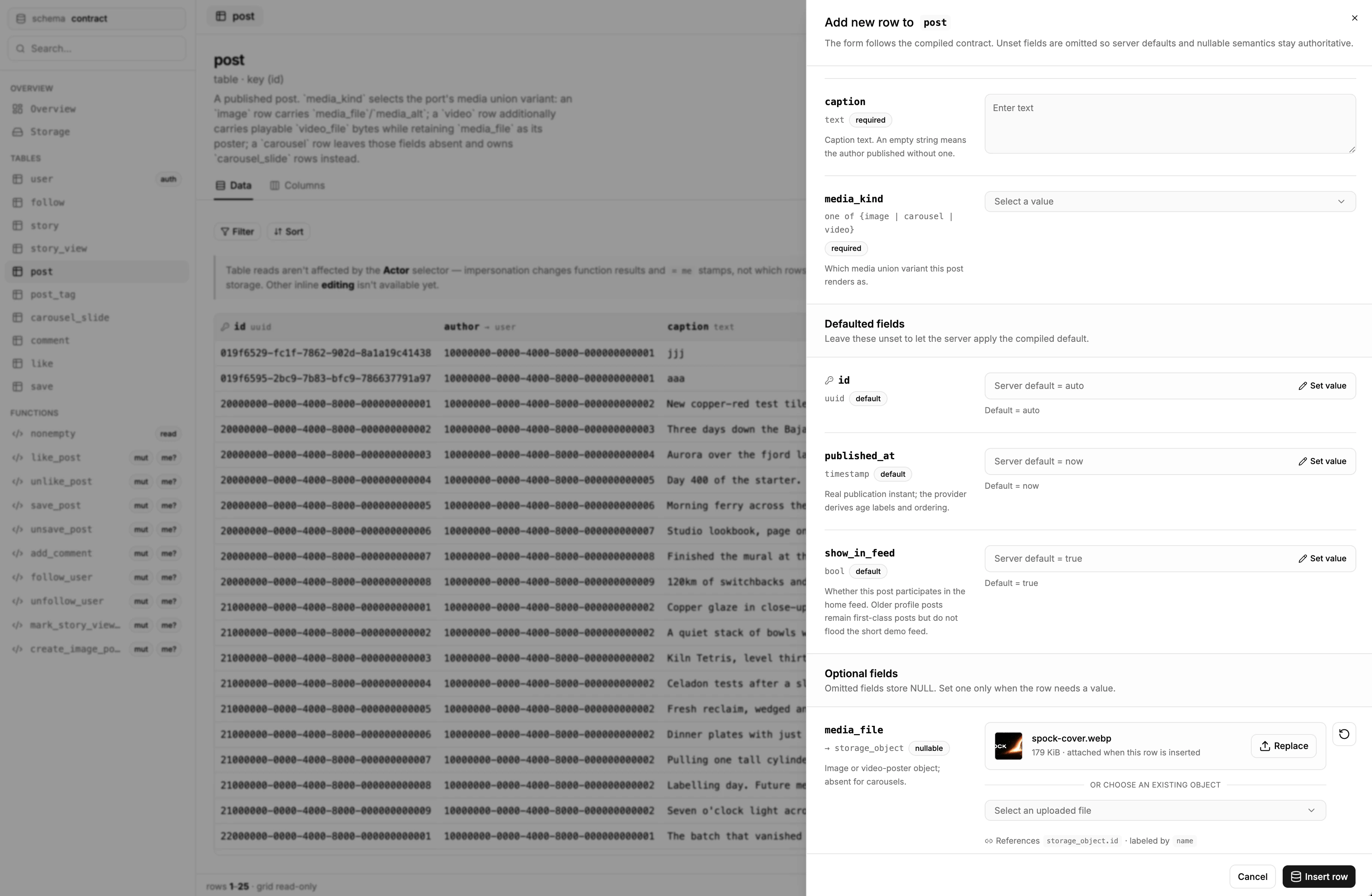 Spock Studio showing the post table and the generated form for adding a row from the compiled contract.